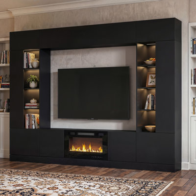 114" Modern Entertainment Center With Electric Fireplace, LED Lighted Display Shelves & Storage Cabinets, Large TV Wall Unit Media Console With Remote Control Fireplace