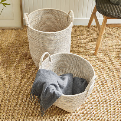 Qiana Whitewash Rattan Woven Orchard Storage Baskets, Set of 2