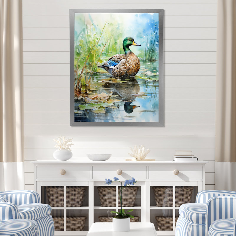 Duck Pond Reflections I - Duck Animal, art mural, Cadre simple argenté, H 32 po x l 16 po x P 1 po