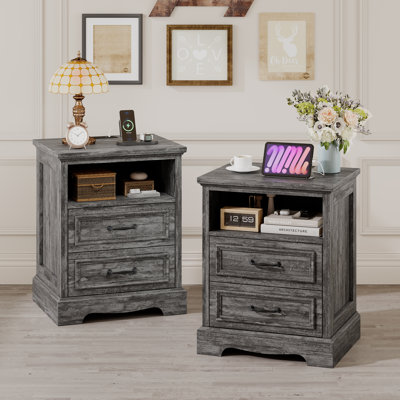Farmhouse Nightstand Set of 2 with Charging Station, Bedside Table with 2 Drawers for Bedroom Modern End Table Storage Cabinet,Wood Small Dresser Drawer Chest for Small Place
