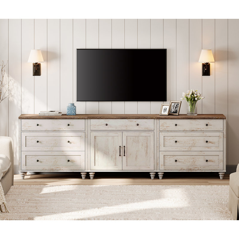 TV Stand For 100 Inch TV, 3-In-1 TV Console Table For 75/80/85/90 Inch TV, Entertainment Center With 7 Drawers And 2 Doors, Kitchen Sideboard Buffet Cabinet For Dining Room, Rustic White