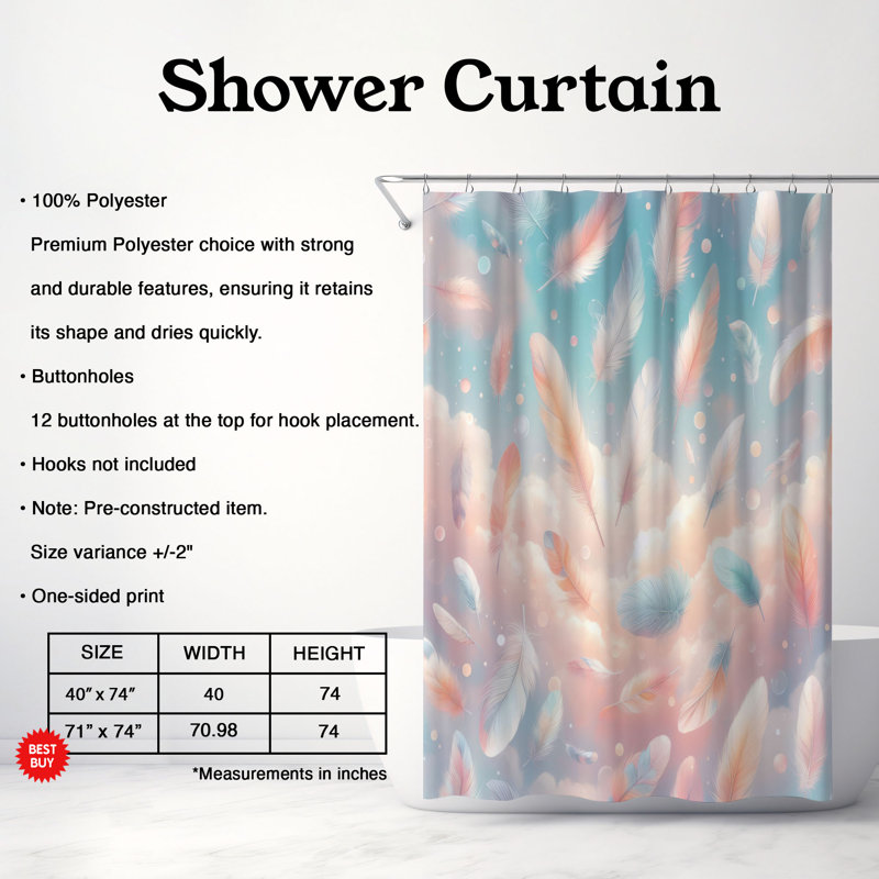 Rideau de douche standard 1 pièce Feather Dreamlight, H 74 po x l 71 po