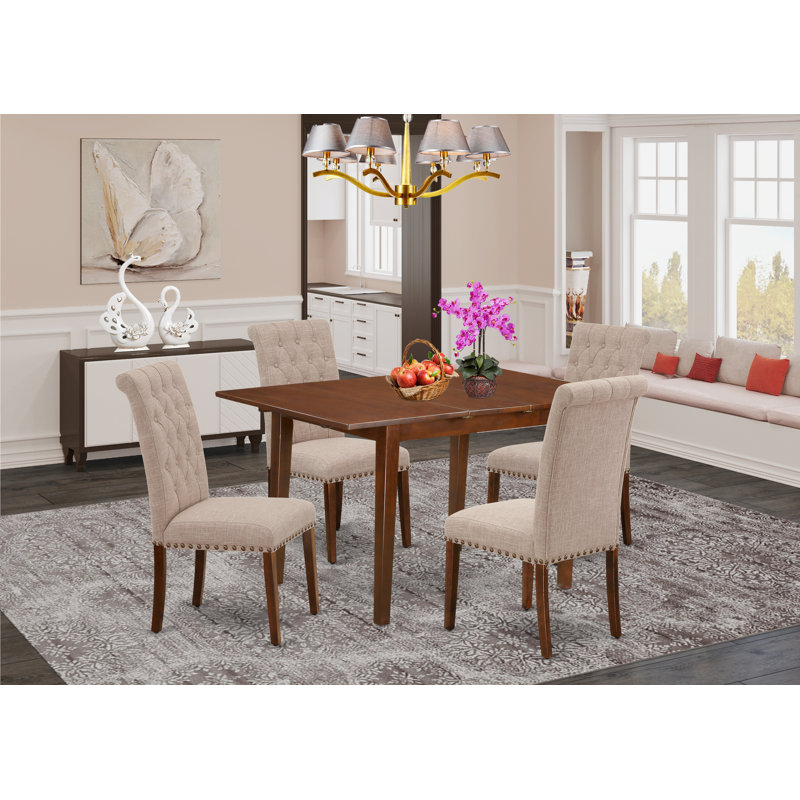 Mahogany Finish Rectangular Solid Wood Top With Butterfly Leaf Dining Table Set, 5