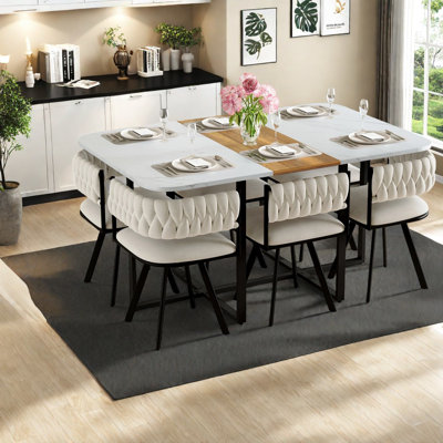 Ensemble de table de salle à manger élégant 7 pièces, faux marbre et velours, design moderne compact