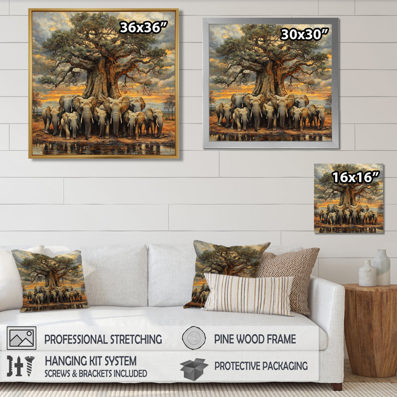 Hammes, éléphants d'Afrique par le baobab I - art mural éléphant pour le salon, Impression encadrée flottante