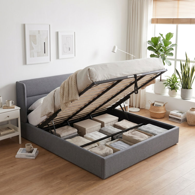 Lit plateforme tapissier avec rangement Gaillarde, Très grand, Gris olive clair