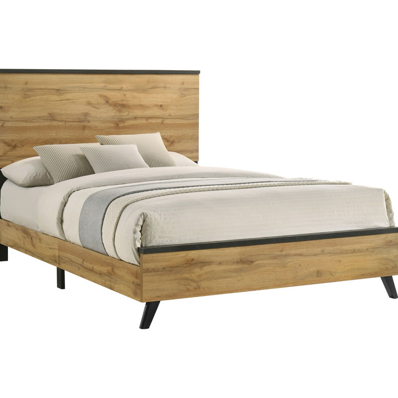 Grand lit à panneau de style moderne Mid-Century, finition brun patiné, pin naturel, décoration pour chambre à coucher en placage de papier 3D et pièce décorative