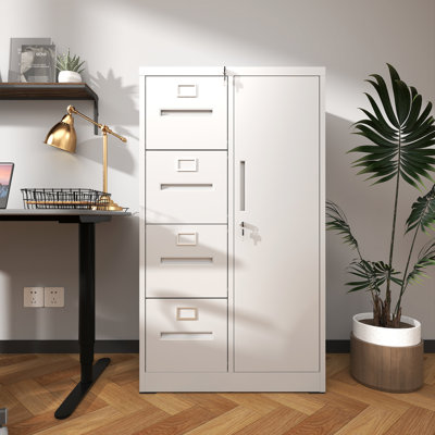 Classeur en métal blanc pour le bureau, 4 tiroirs avec suspension à roulement, stabilité du système de verrouillage, rails silencieux réglables à la maison, fonctionnement silencieux