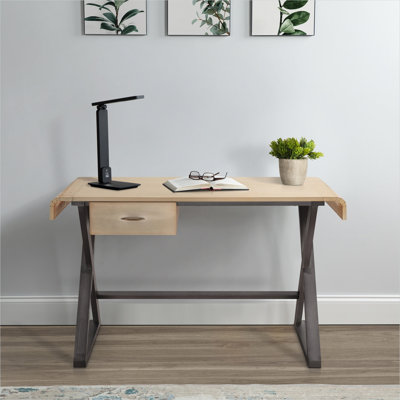 Bureau de 50,5 pouces avec plateau en aluminium doré champagne et base en métal en forme de X, tiroir de rangement gris