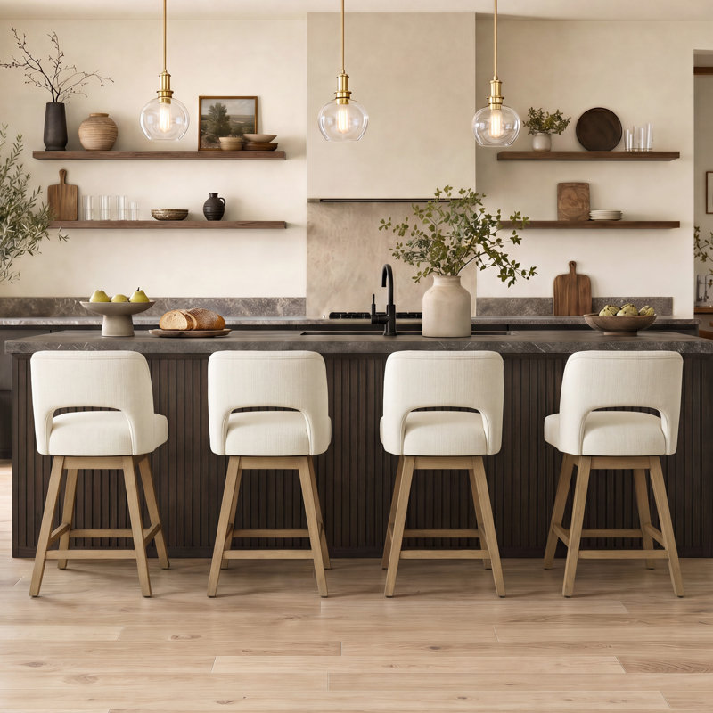 Bisto 360° Swivel Bar Stools with Solid Wood Frame, Polyester Cream, Light Oak Finish