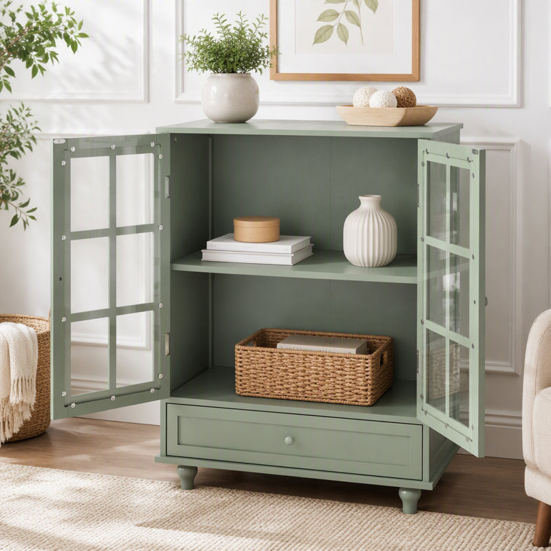 Buffet Minimalist avec portes doubles en verre et tiroir, L 28 po, Vert