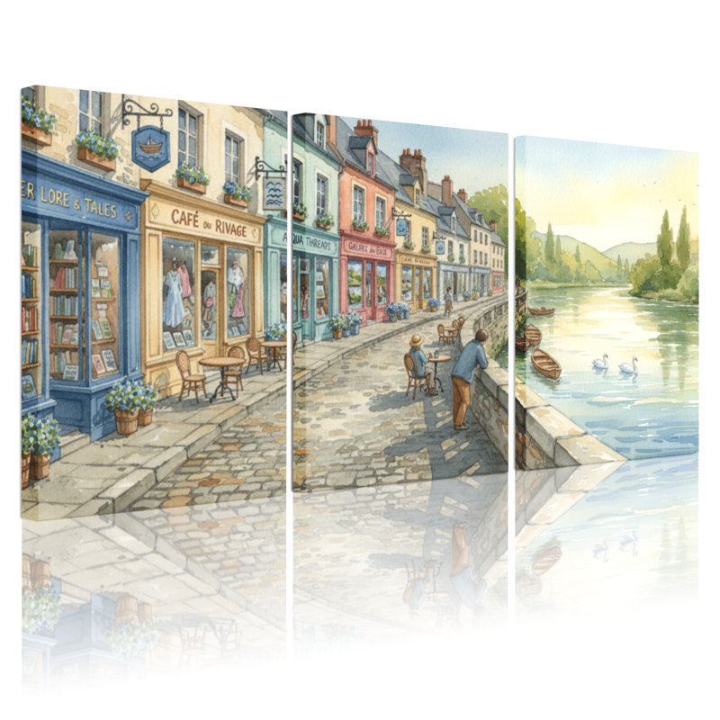 Ensemble de 3 reproductions d'art sur toile, "European European River River Scene", H 24 po x l 48 po