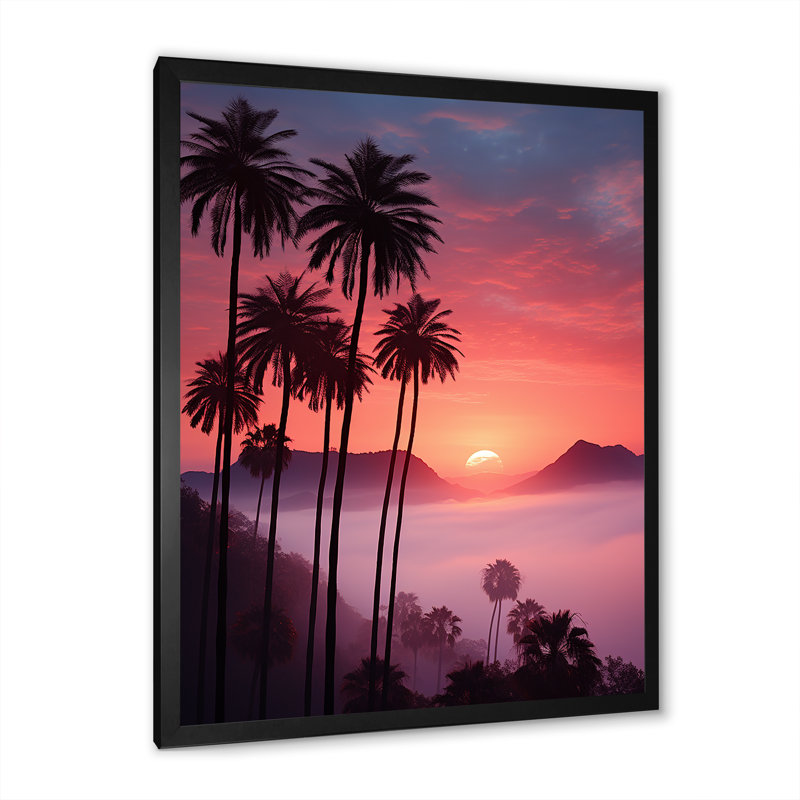 Palmier abstrait d'Hawaï, coucher de soleil II, H 44 po x l 34 po x P 1,5 po, Cadre simple noir