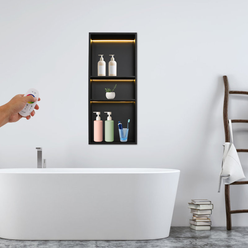 Niche murale de salle de bain à 3 niveaux rectangulaire encastrée en acier inoxydable avec lumière DEL RVB