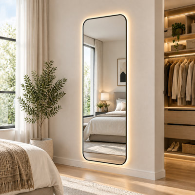 Miroir pleine longueur rétroéclairé DEL 65 po x 24 po, fixation murale, intensité variable avec 3 températures de couleur, cadre en aluminium noir, miroir surdimensionné pour chambre, garde-robe et garde-robe
