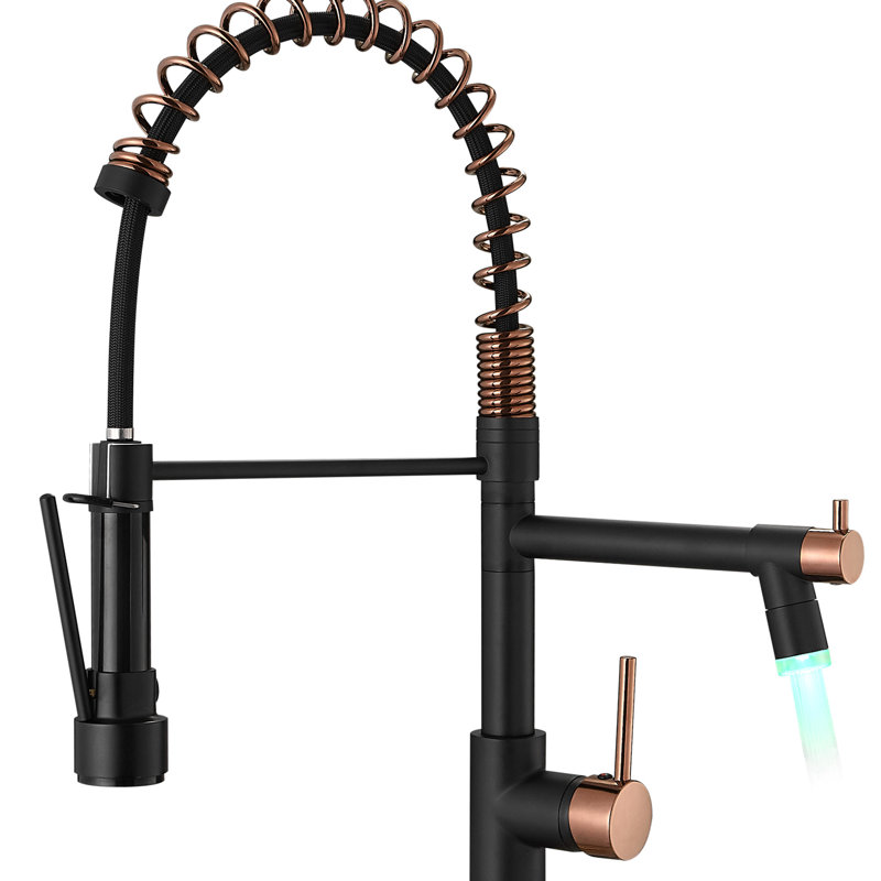 Pull Down Kitchen Sink Faucet, Black And Gold, Single Handle, Low Maintenance Contemporary Faucet With , Versatile Options