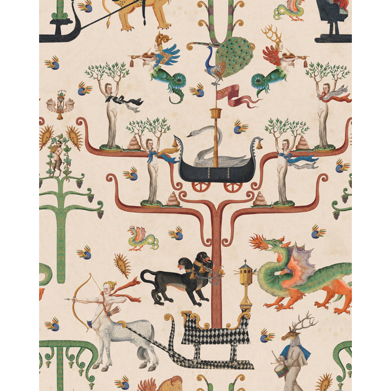 FAIRIES AND DRAGONS Wallpaper, Taupe/Green/Brown/Blue/Yellow