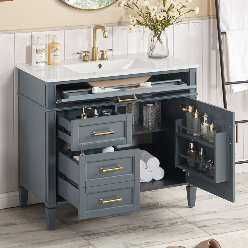 Meuble-lavabo en bois massif 36 po, Bleu foncé / doré