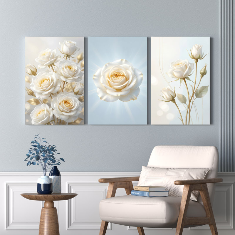 Ensemble de 3 tableaux muraux sur toile à motif floral de roses blanches, pour la décoration du salon et de la chambre.