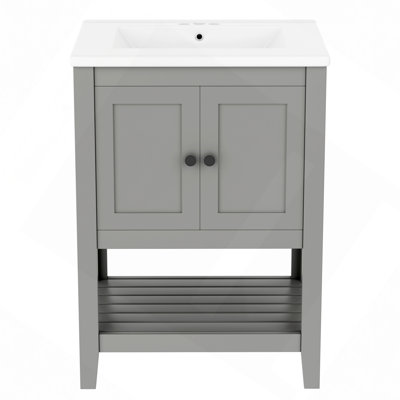 24" Modern Sleek Bathroom Vanity Elegant Ceramic Sink With Solid Wood Frame Open Style Shelf