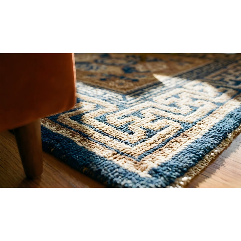 Antique Geometric Medallion Wool Hand Knotted Pile Yellow / Gold Orange 1870s Rug