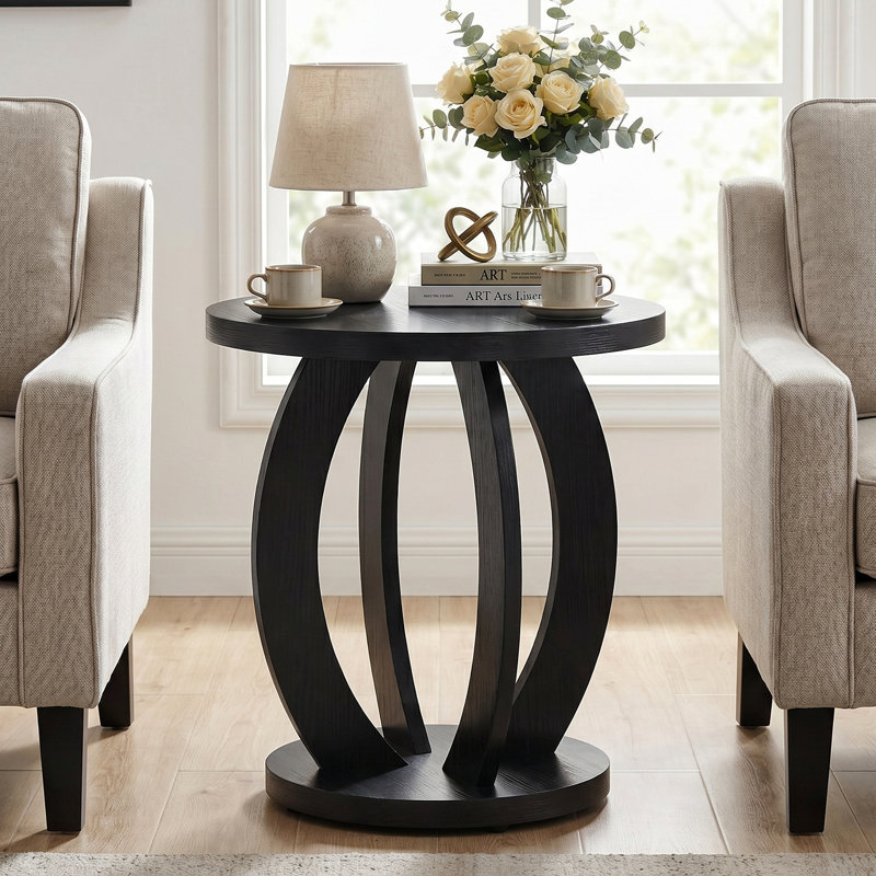 Table de bout ronde en bois, table de chevet décorative pour petit salon, Noir, 1