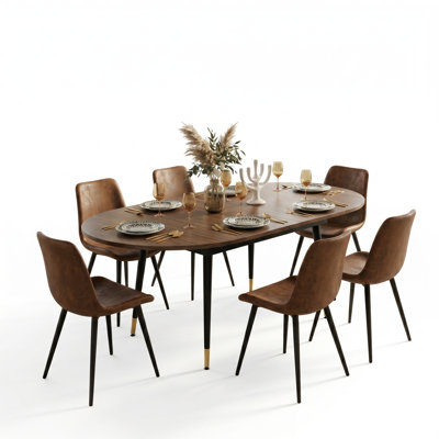 Modern Mid-Century 7-Piece Dining Set, 79" Oval Extendable With Upholstered Dining Chairs 