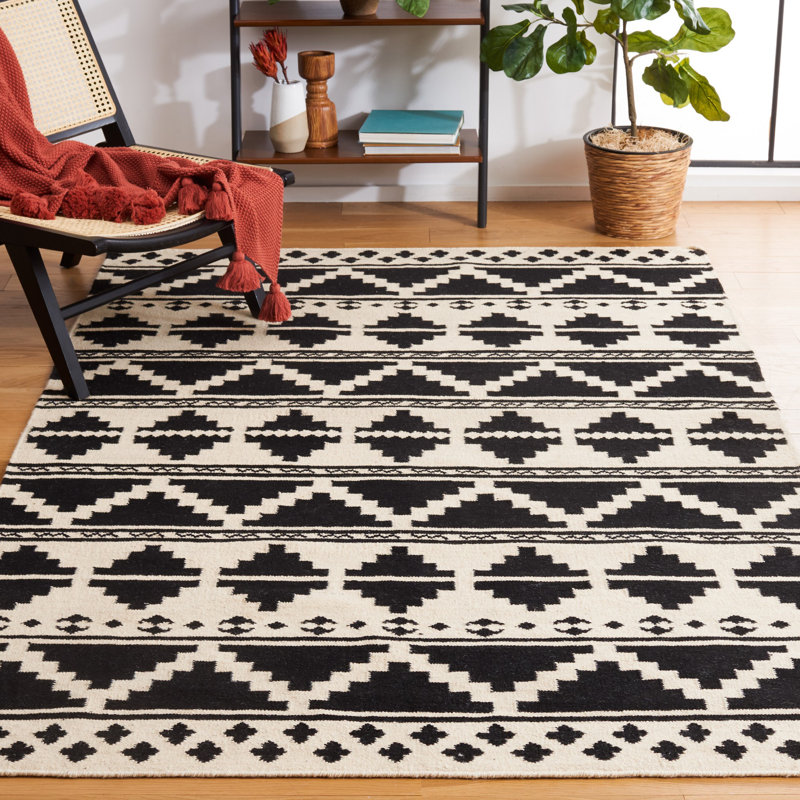 Black and Ivory Geometric Wool 8' x 10' Flat Woven Rug