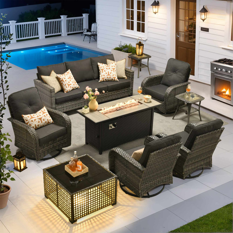 Allcot 7 - Person Patio Conversation Sets with Swivel Chairs and Cushions, Black