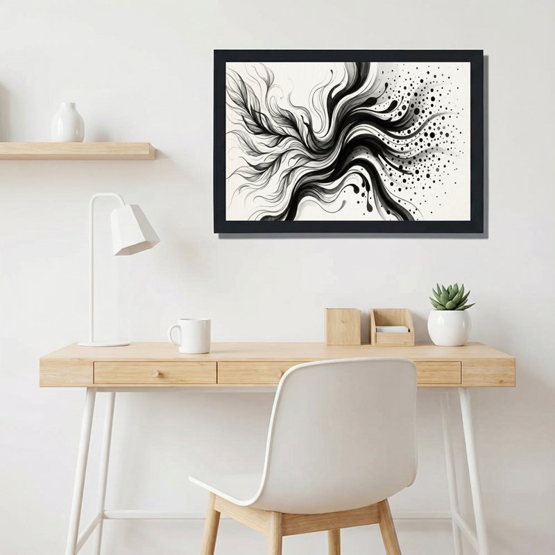 Ensemble de 1 tableau sur toile tendue, motif abstrait d'éclaboussures d'encre noir et blanc, H 12 po x l 18 po