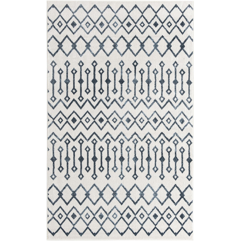 Tapis abstrait bleu marine / ivoire, Rectangle 5 pi 3 po x 8 pi