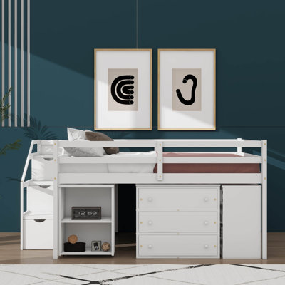 Lit mezzanine double pleine grandeur avec surface d'écriture coulissante et 3 tiroirs, lit mezzanine en bois avec marches de rangement et tablettes