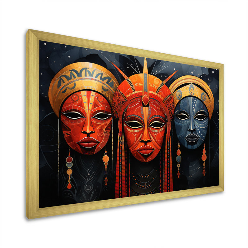 «Cieron Red African Masks II», reproduction sur toile, H 30 po x l 40 po x P 1,5 po, Cadre doré simple