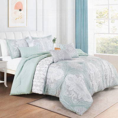 Ensemble d'édredon 6 pièces en microfibre de polyester et microfibre grise avec motifs floraux brodés et imprimés, comprend un édredon, des taies décoratives et des coussins décoratifs
