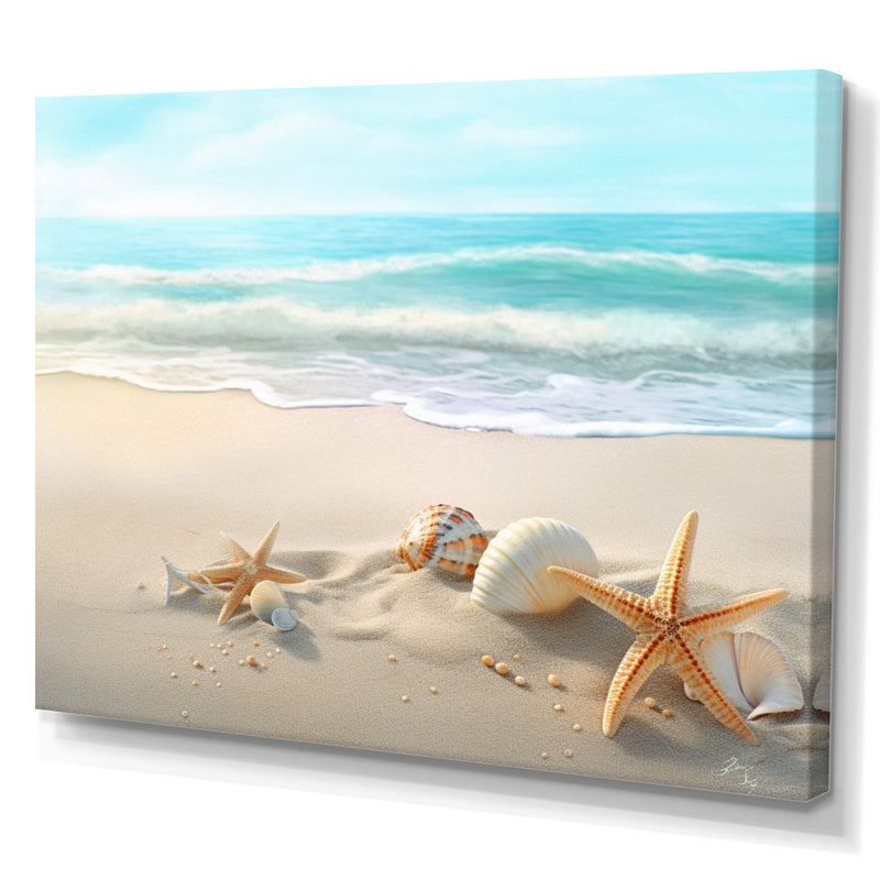 Étoile de mer et coquillages I - art mural moderne grande plage, H 30 po x l 40 po x P 1,5 po, Toile tendue