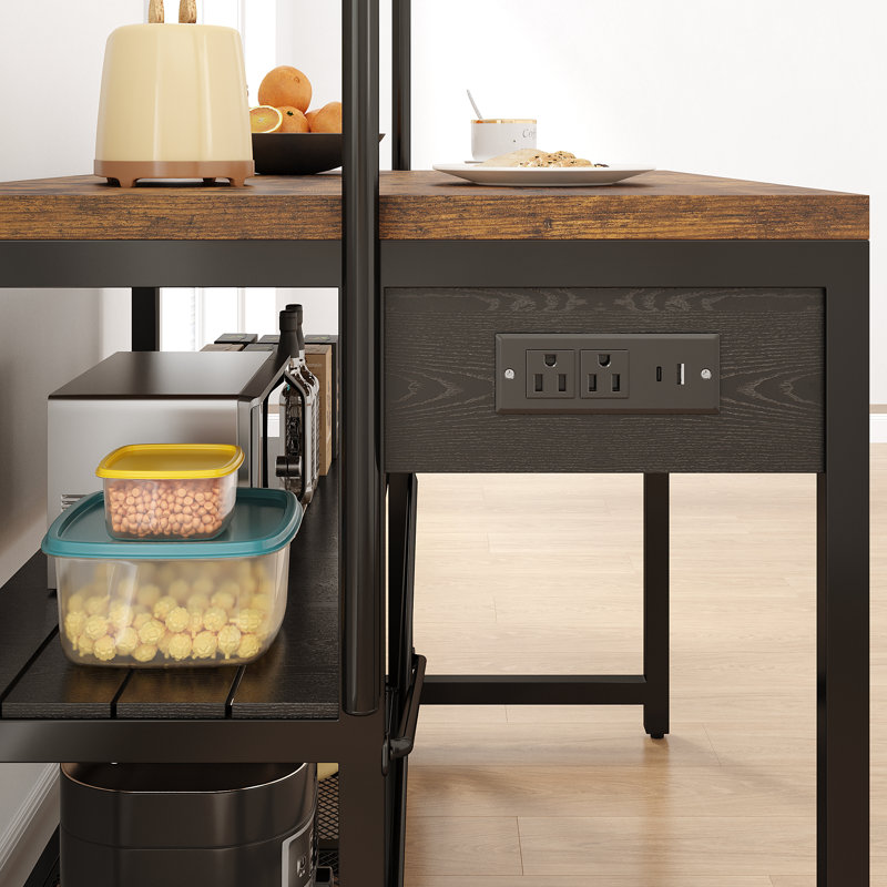 46''W Kitchen Island With Storage & USB Charging Station, Bakers Rack With 5 Racks, Rustic Brown