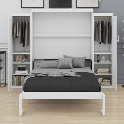 Murphy Bed, Wooden Wall Bed With Wardrobe And Storage Shelf, Multifunctional Foldable Platform Bedframe For Guest-Room, Bedroom