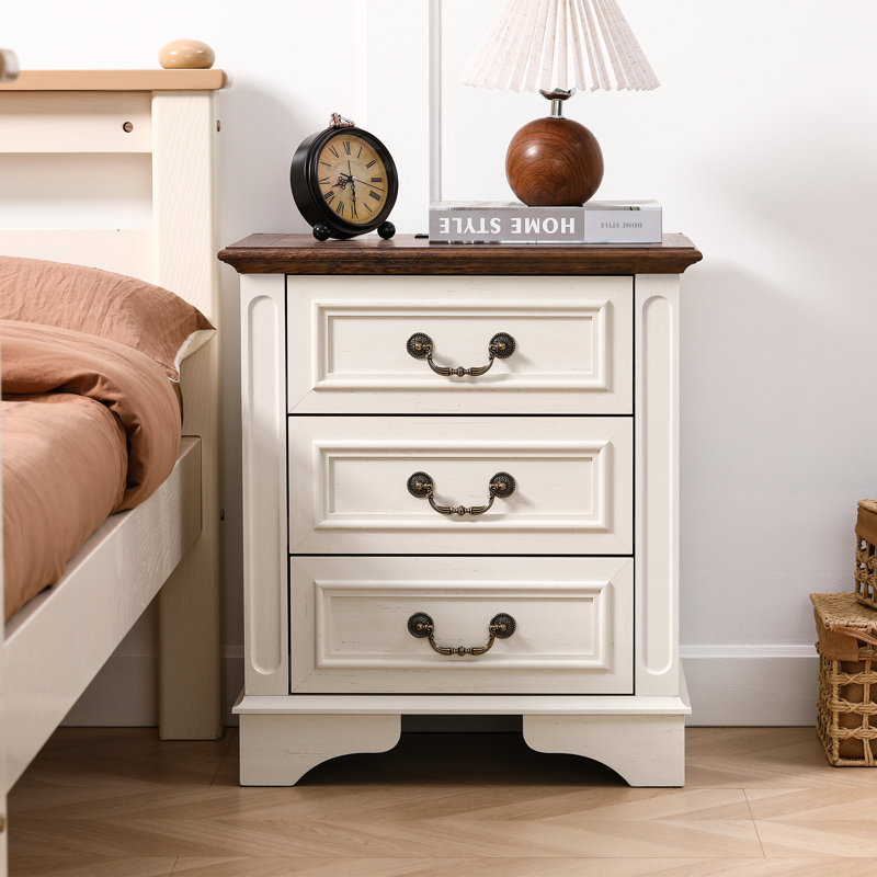 21.65'' Wide Nightstand With 3 Drawers, White/Walnut, Set of 1