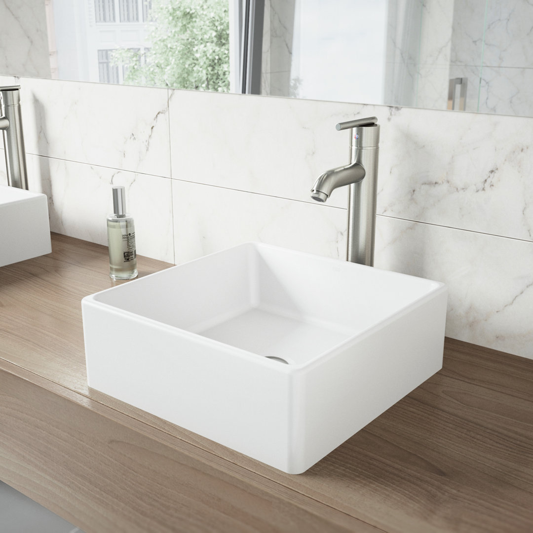 Dianthus 15" L x 15" W x 5" H Matte White Handmade Square Vessel Bathroom Sink VIGO