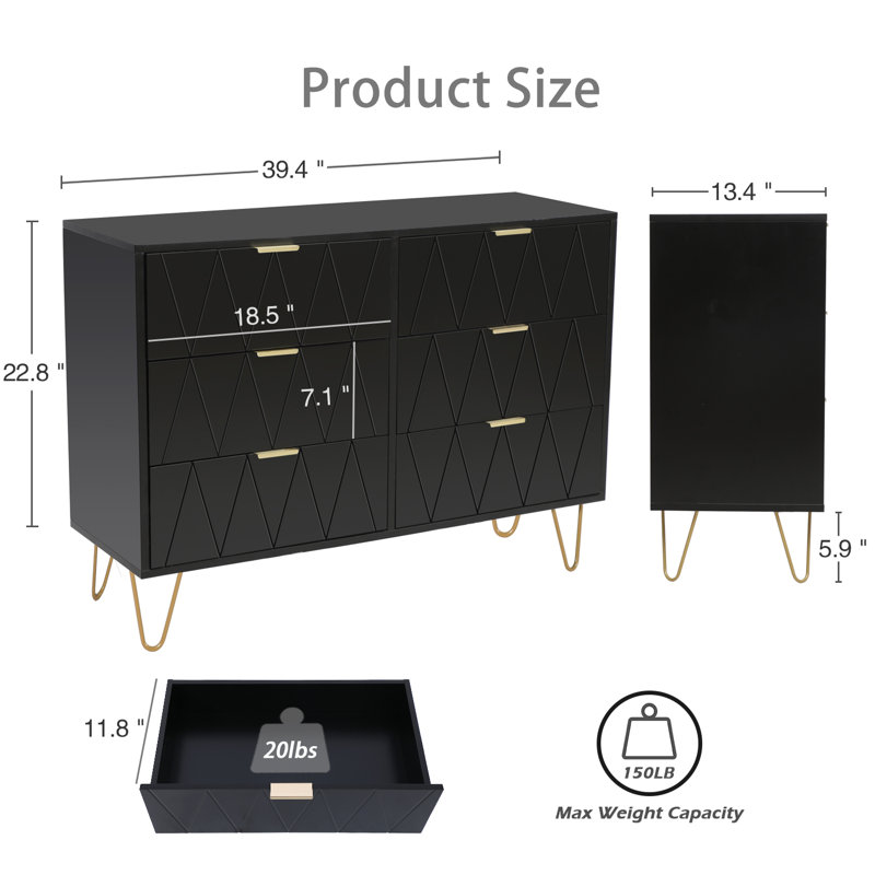 Marable 6 Drawer 100.1cm W Double Dresser, Black