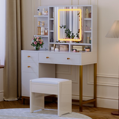 White Makeup Vanity Desk with Adjustable LED Light Mirror, Dressing Table with Power Charging Station, 3 Lighting Colors, Modern Bedroom Vanity Table