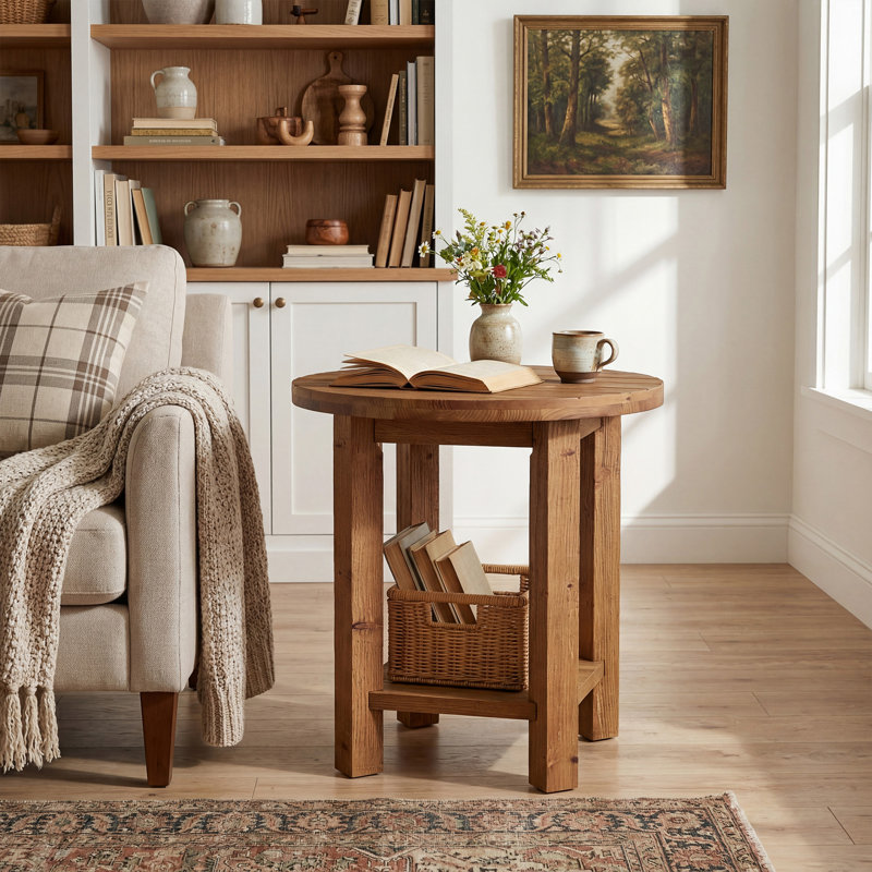 Table de bout ronde en bois massif avec rangement à 2 niveaux pour le salon, petits espaces (1)