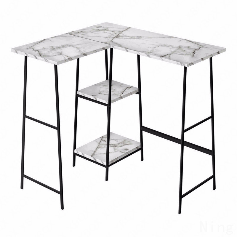 Bureau d'ordinateur, bureau personnel, coin, tablettes de rangement, L 48 po, forme en L, travail, ordinateur portable, stratifié aspect marbre blanc, métal noir, contemporain, moderne
