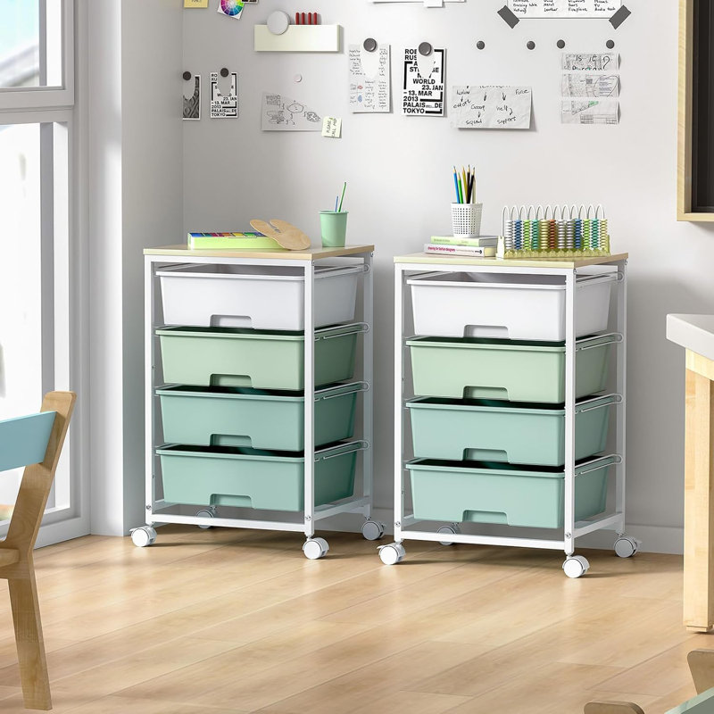 Utility Cart With 4 Drawers,Rolling Storage Cart With Drawers,Storage Rolling Drawer Cart With Wooden Tabletop For Bedroom,Kid's Room,Dorm,Classroom,Office,Green