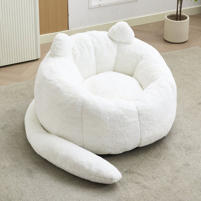 Coussin en forme de chat pour adulte, blanc, fausse fourrure, mousse haute, sans assemblage, antidérapant, idéal pour lire le sac de pois en forme de chat, tissu à mémoire de forme blanc, base antidérapante