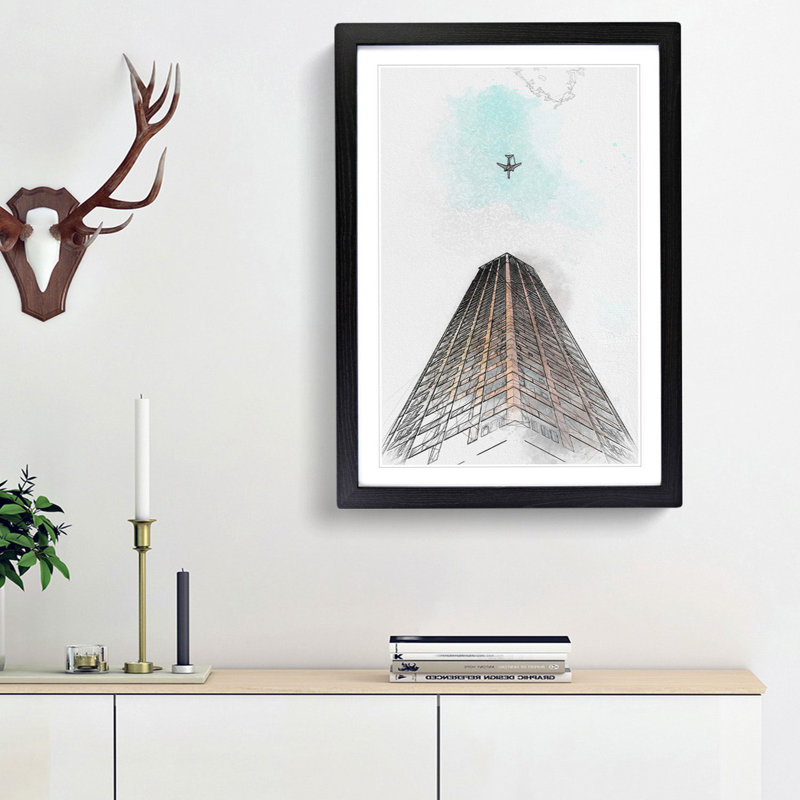 Airplane Flying Above Tokyo in Abstract - Picture Frame Graphic Art Print, 65cm H x 48cm W x 2cm D, Black Framed