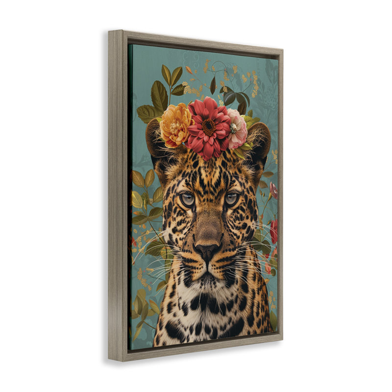 Cadre flottant à couronne florale et guépard sauvage, design par LSR Design Studio, H 31 po x l 21 po
