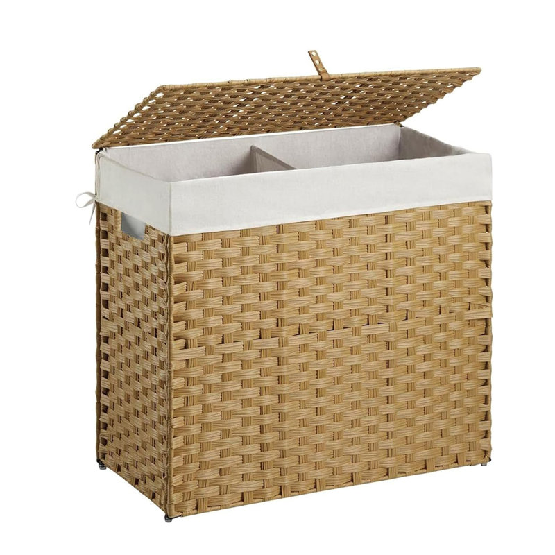 Panier à linge en osier avec couvercle, panier à linge pliable à 2 sections de 130 L (34 Gal) avec doublure amovible et poignées lavables à la machine, panier à linge en rotin jaune pour l'organisation et le rangement