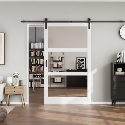 Solid + Manufactured Wood Two Sided Glass Mirrored Barn Door with Hardware Kit