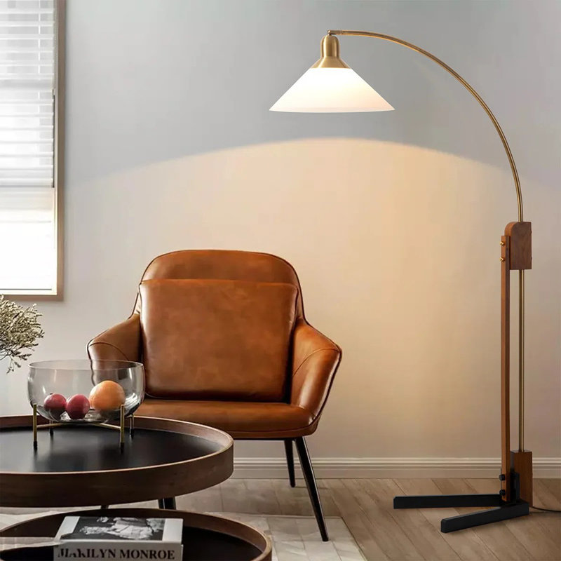 Melmar Chairside Arc Floor Lamp - Weathered Brass & Walnut, Dimmer Switch, V-Base